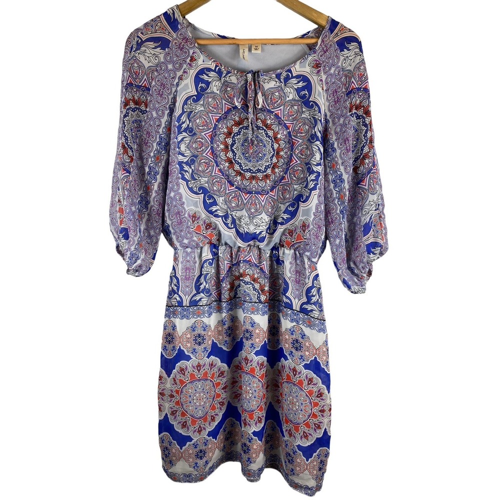 Tacera M multicolor dress sheer arms gray navy purple lined